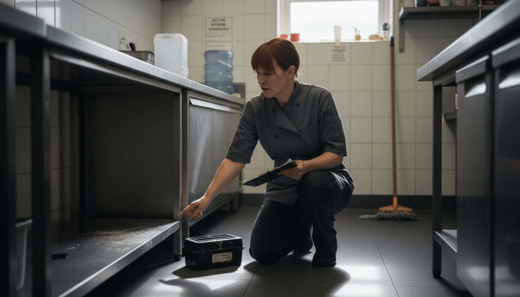 Manager inspecting for pests in restaurant kitchen