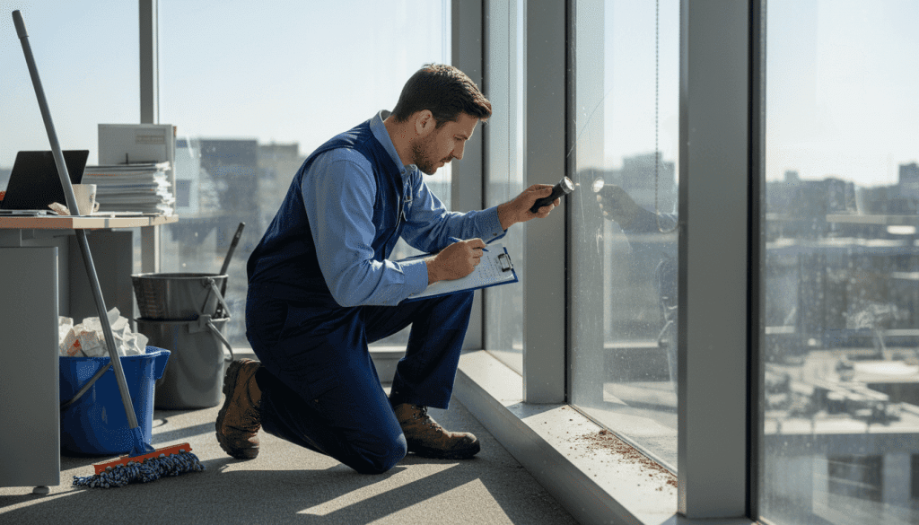 Facilities manager inspects office window for pests