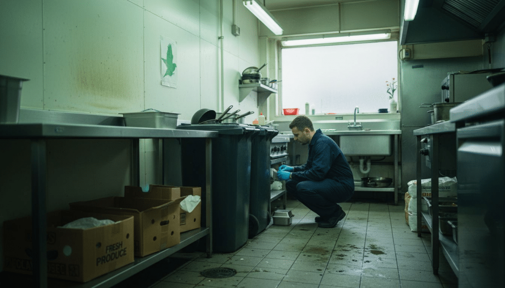Technician checks bait station in busy kitchen