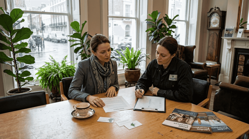 Hotel manager meeting pest control technician