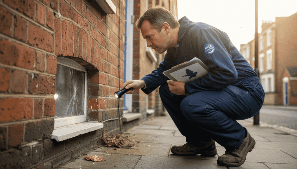 Pest inspector checks Victorian London home exterior