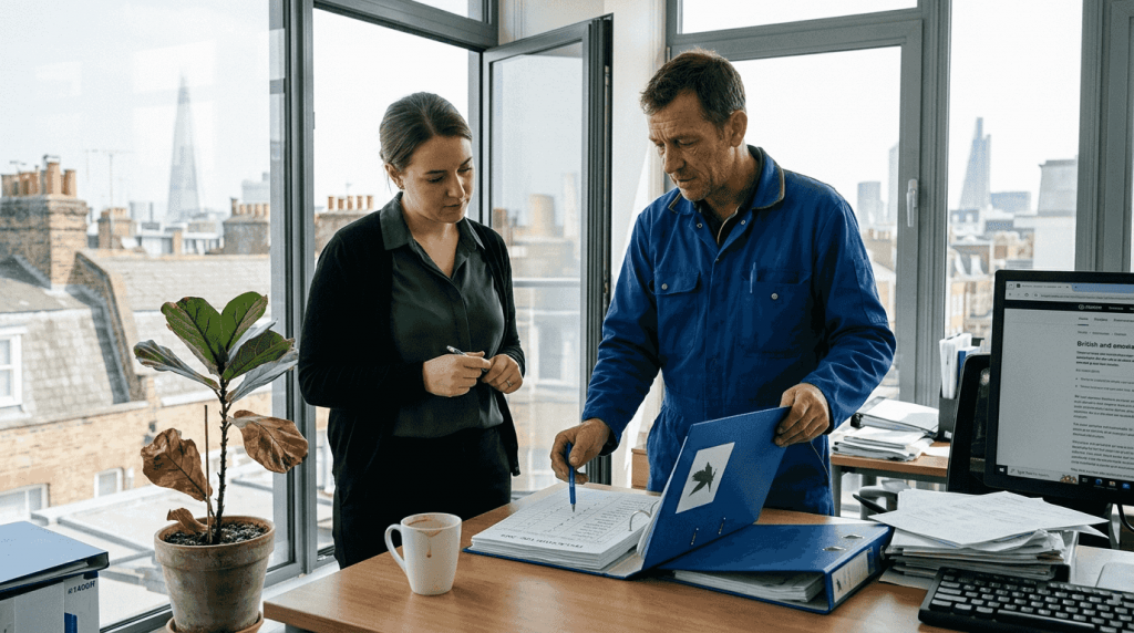 Technician and manager review pest control paperwork