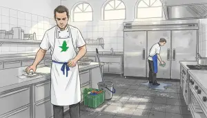 Chef checking pest trap in busy kitchen
