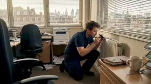 Technician inspecting office radiator for pests