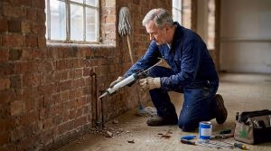 Maintenance technician sealing wall gaps