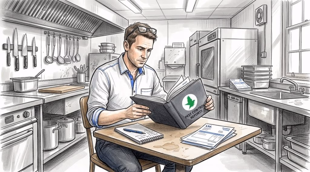 Restaurant manager reviewing ant pest control reports
