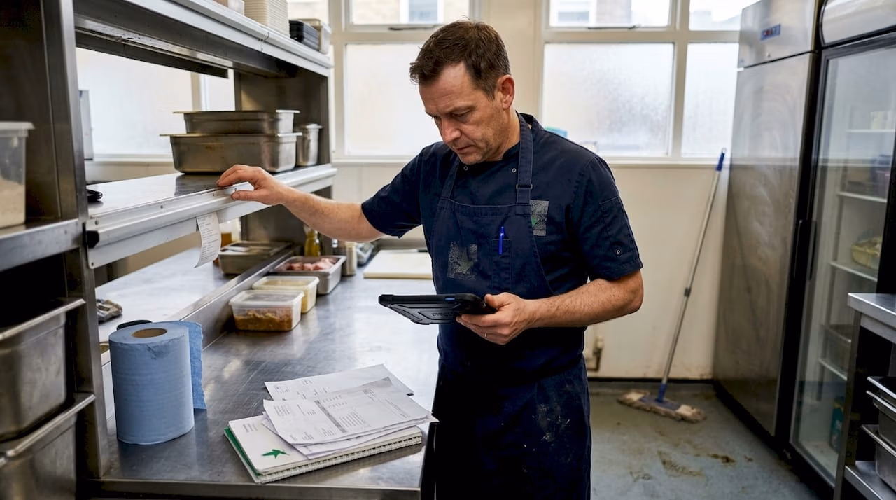 Chef inspecting kitchen for pest prevention