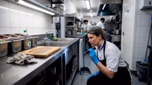 Supervisor inspecting for pests in restaurant kitchen