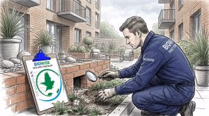 Pest control technician inspecting garden drain in Camden