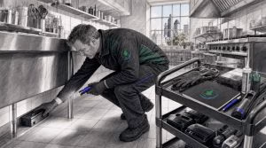 Technician inspecting pest trap in hotel kitchen