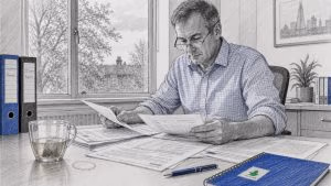 Facilities manager reviewing pest control documents in school office