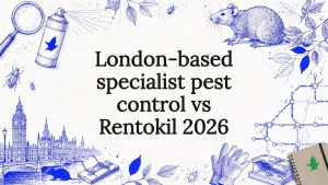 Decorative title card illustration with pest control and London themed elements