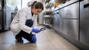 Pest control specialist inspecting ants in commercial kitchen