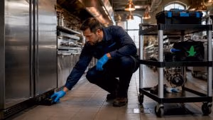 Pest control technician working in UK restaurant kitchen