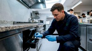 Technician inspecting bait station in UK restaurant kitchen