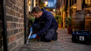 Technician sealing entry points in London restaurant kitchen