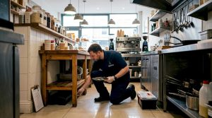 Pest control technician inspecting commercial UK kitchen