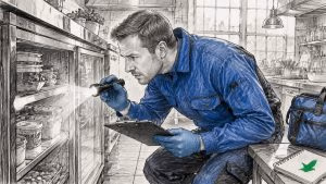 Pest control technician inspecting restaurant kitchen