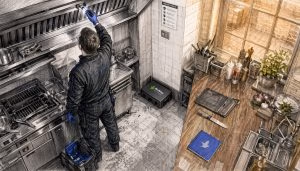 Pest control technician inspecting London restaurant kitchen