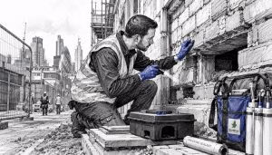 Technician inspecting bait on London construction site