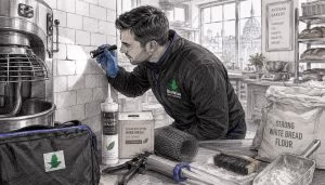 Pest technician inspecting UK kitchen baseboard