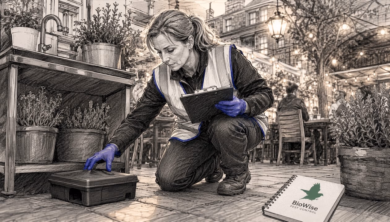 Female pest technician inspecting bait station in London kitchen
