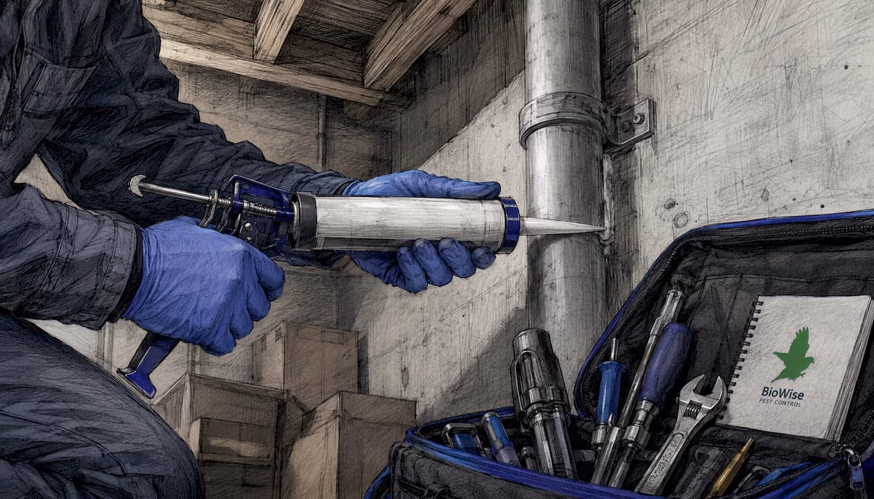 Hands sealing gaps with proofing sealant in London office basement