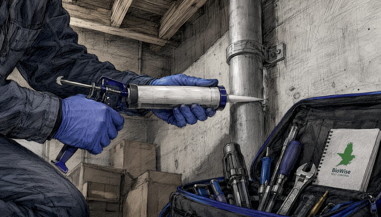 Hands sealing gaps with proofing sealant in London office basement