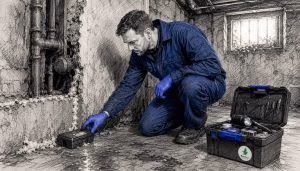 Pest control technician inspecting sealed entry in London basement