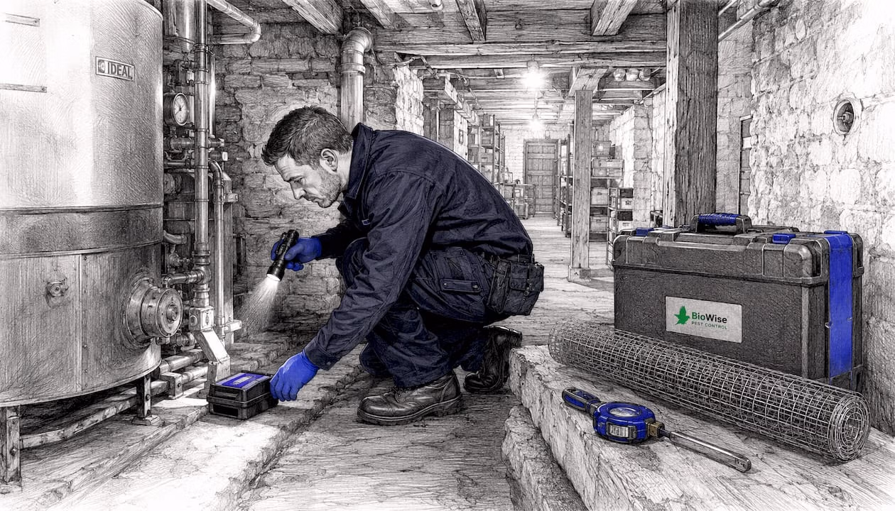 Technician placing bait stations in hotel basement