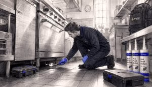 Pest control technician inspecting kitchen for pests