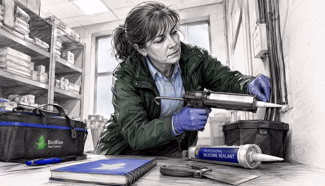 Female technician sealing cable entry in UK office