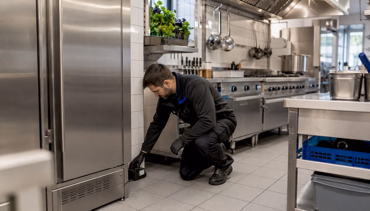 Technician placing bait stations in hotel kitchen