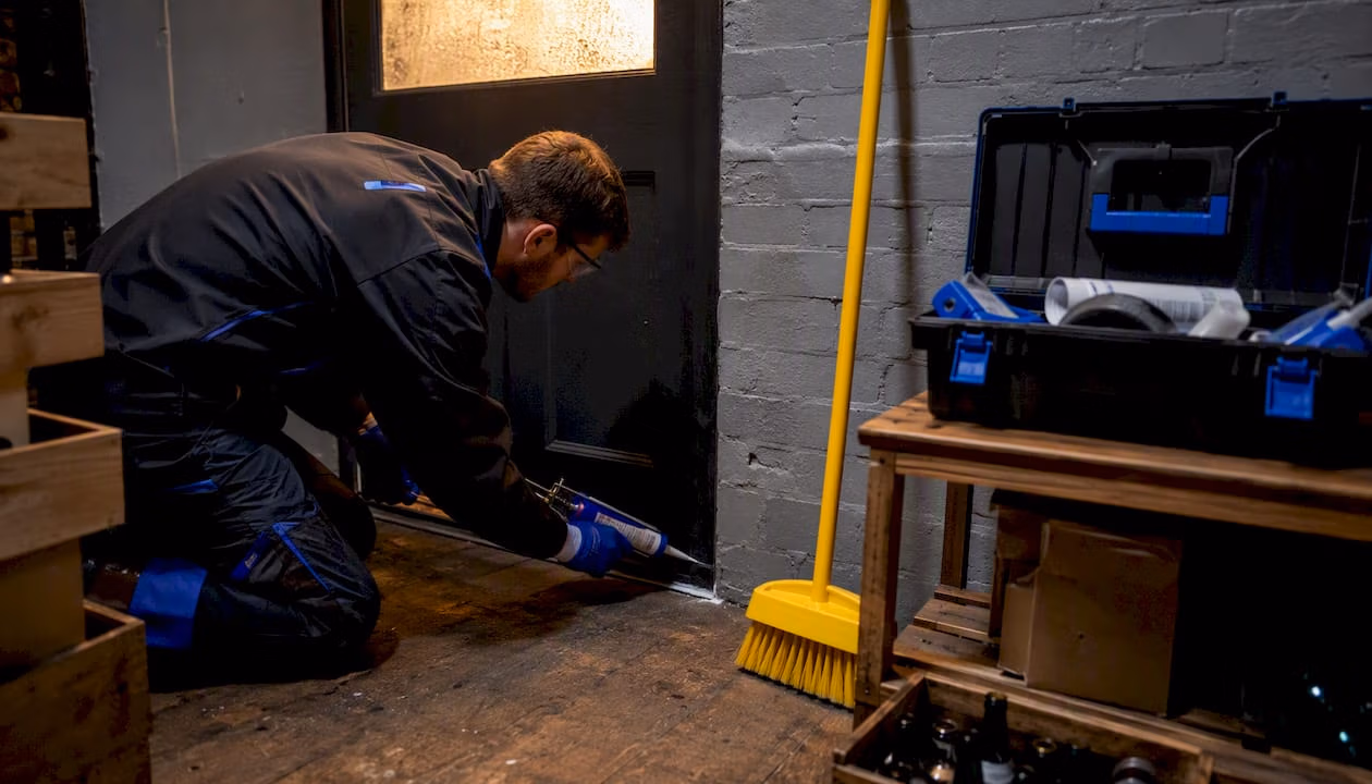 Technician sealing door entry point in restaurant storeroom