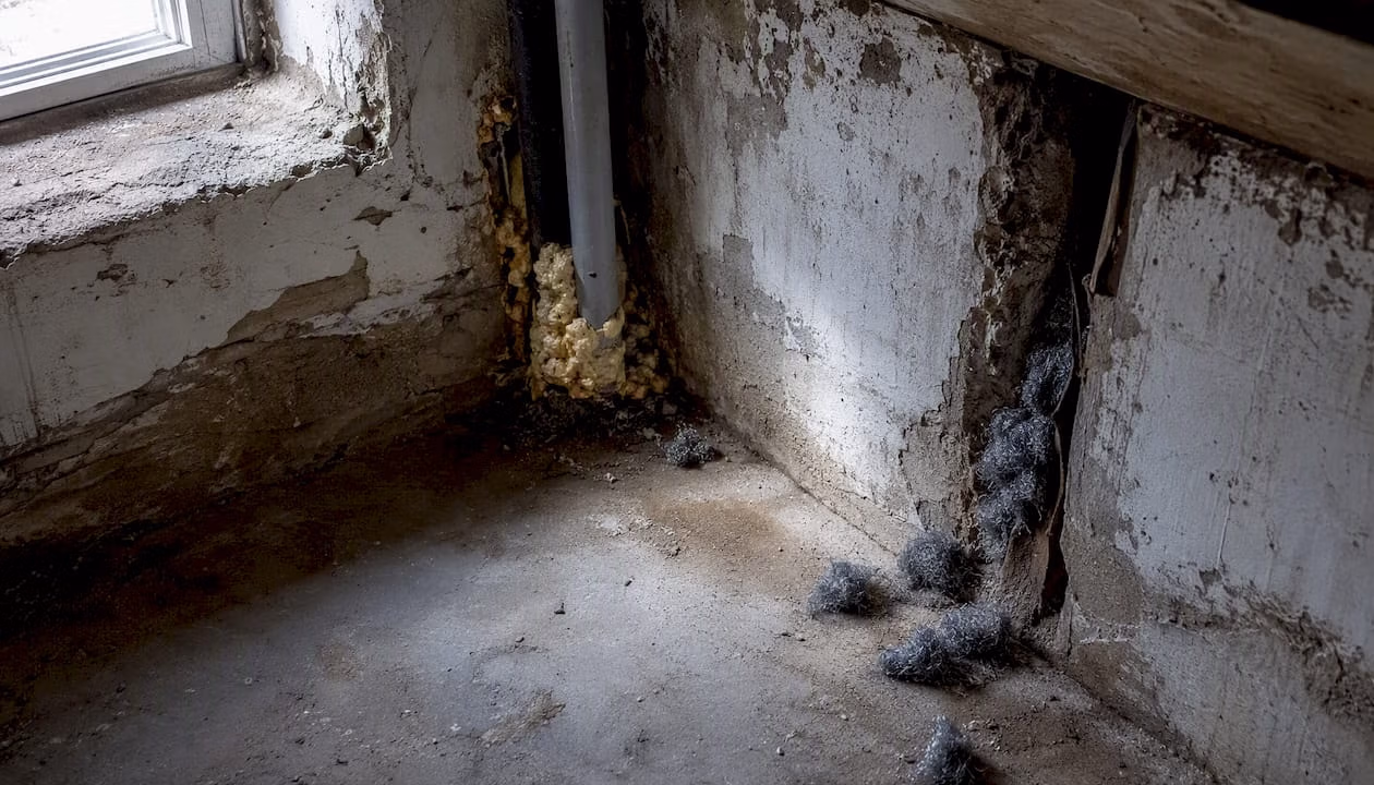 Damaged expanding foam shows rodent entry risk