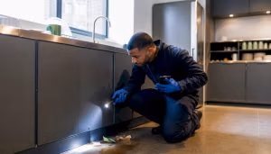 Technician inspecting office vending machine for ants