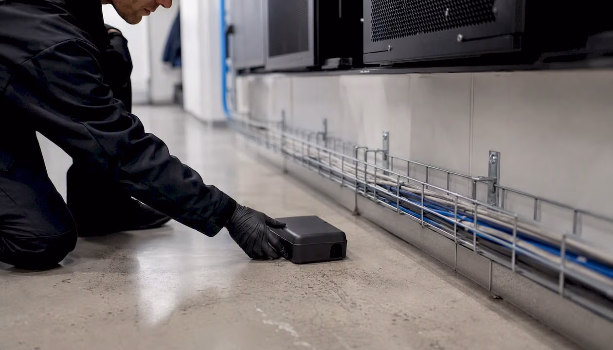 Technician placing an ant bait station along a cable run in an office server room