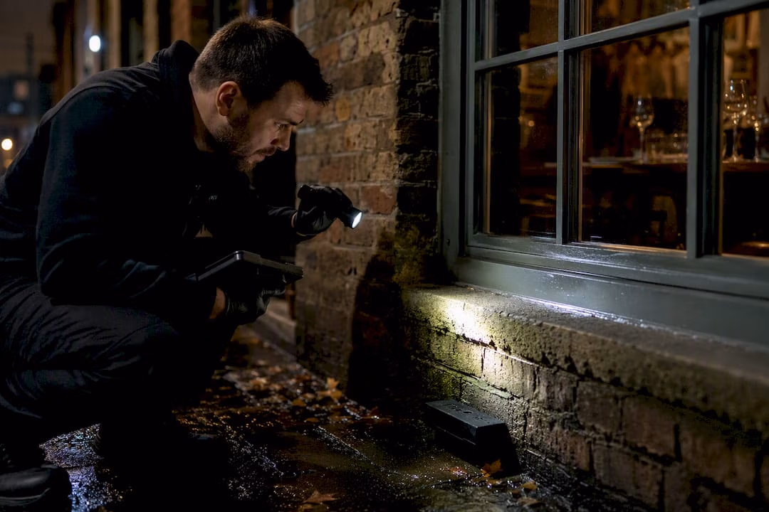 Technician inspecting restaurant perimeter at night