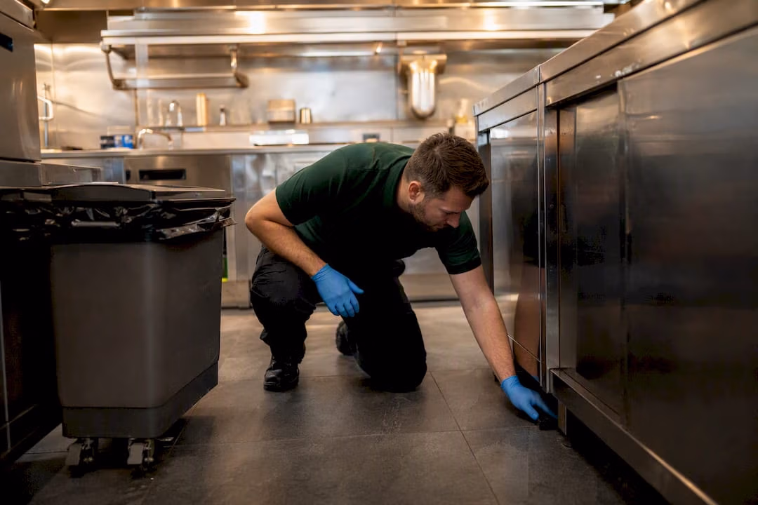 Gloved hands checking kitchen area for pests