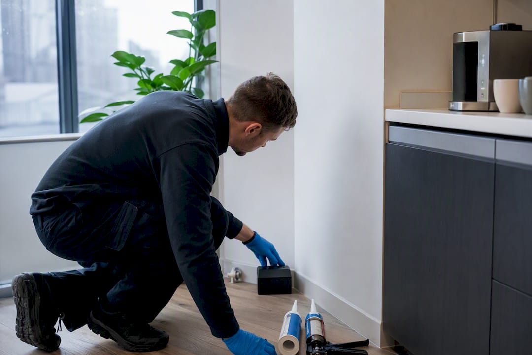 Technician inspecting office sink area for flies
