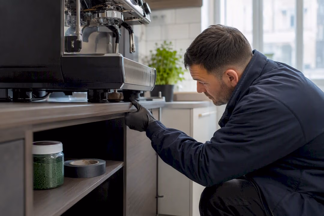 Technician inspecting office kitchen drip tray