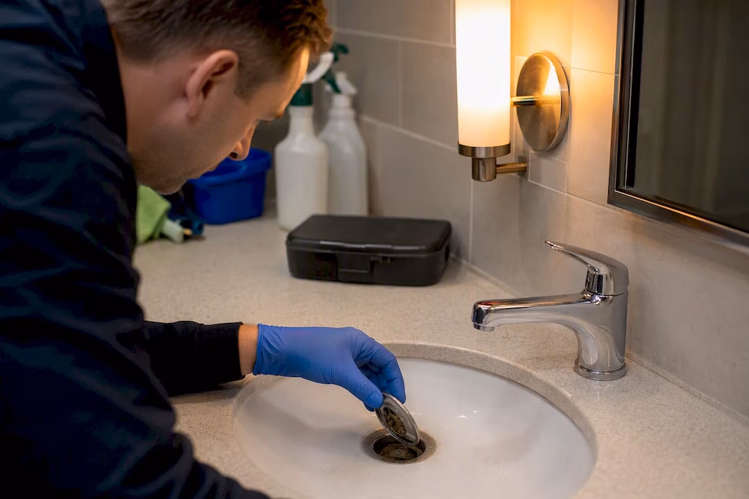Gloved hand inspecting office washroom drain