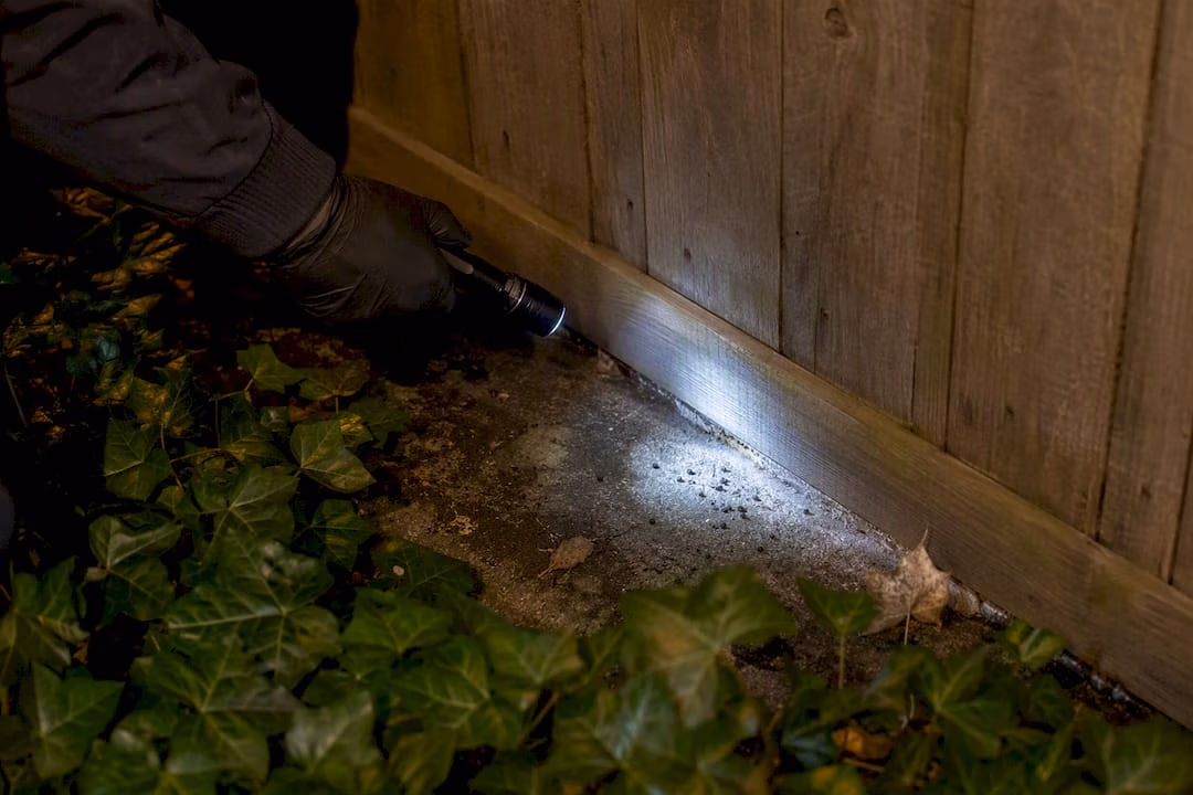 Torchlight on office building perimeter showing mouse signs