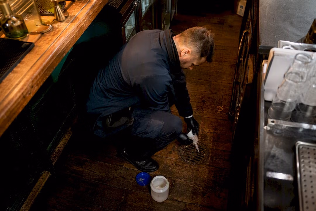 BioWise technician applying enzymatic drain cleaner in a bar