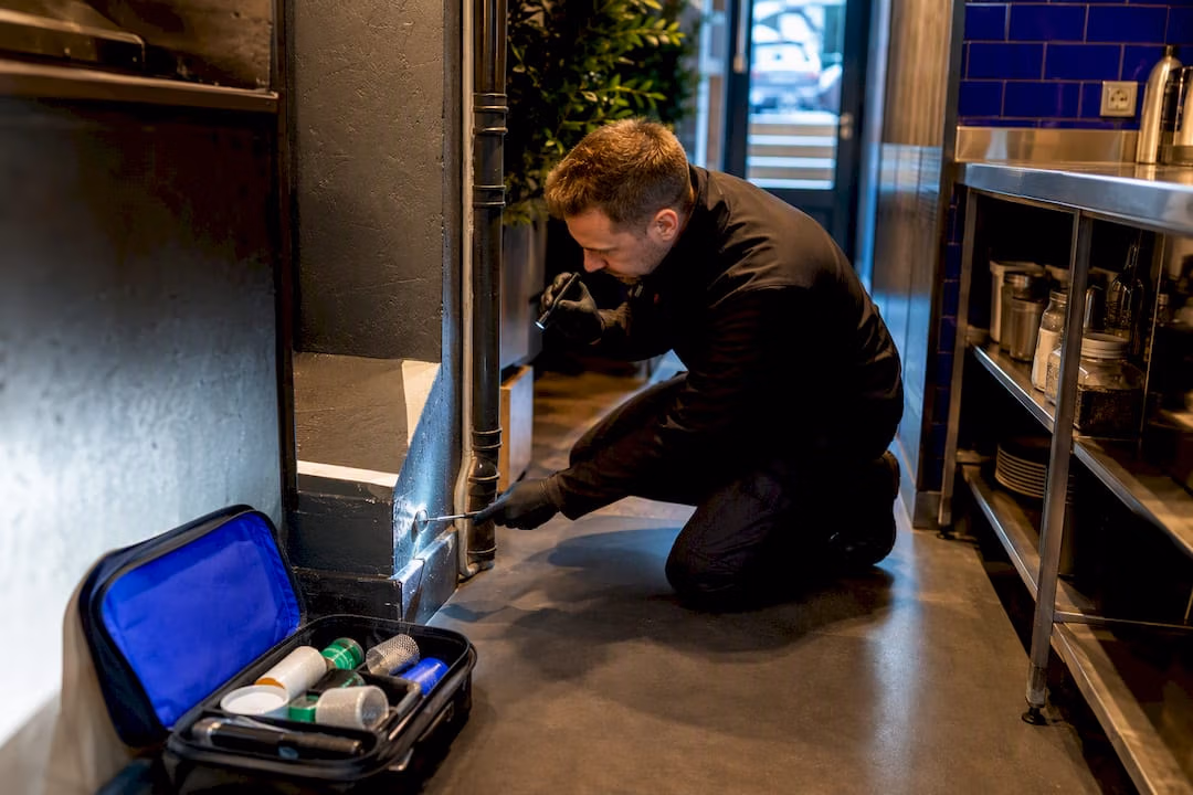 Technician surveying restaurant service entry point