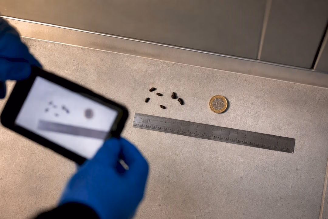 Rodent droppings photographed beside scale markers