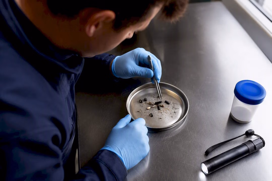 Gloved technician inspecting pellet contents