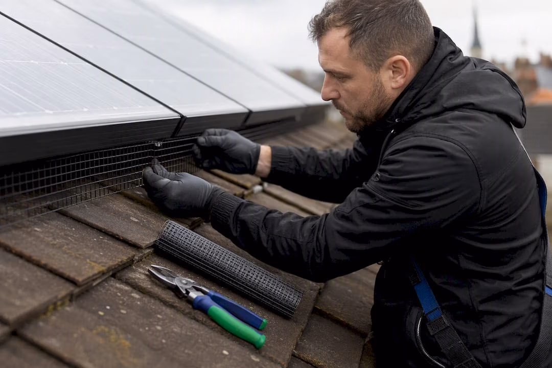 Technician fitting mesh beneath rooftop solar panel