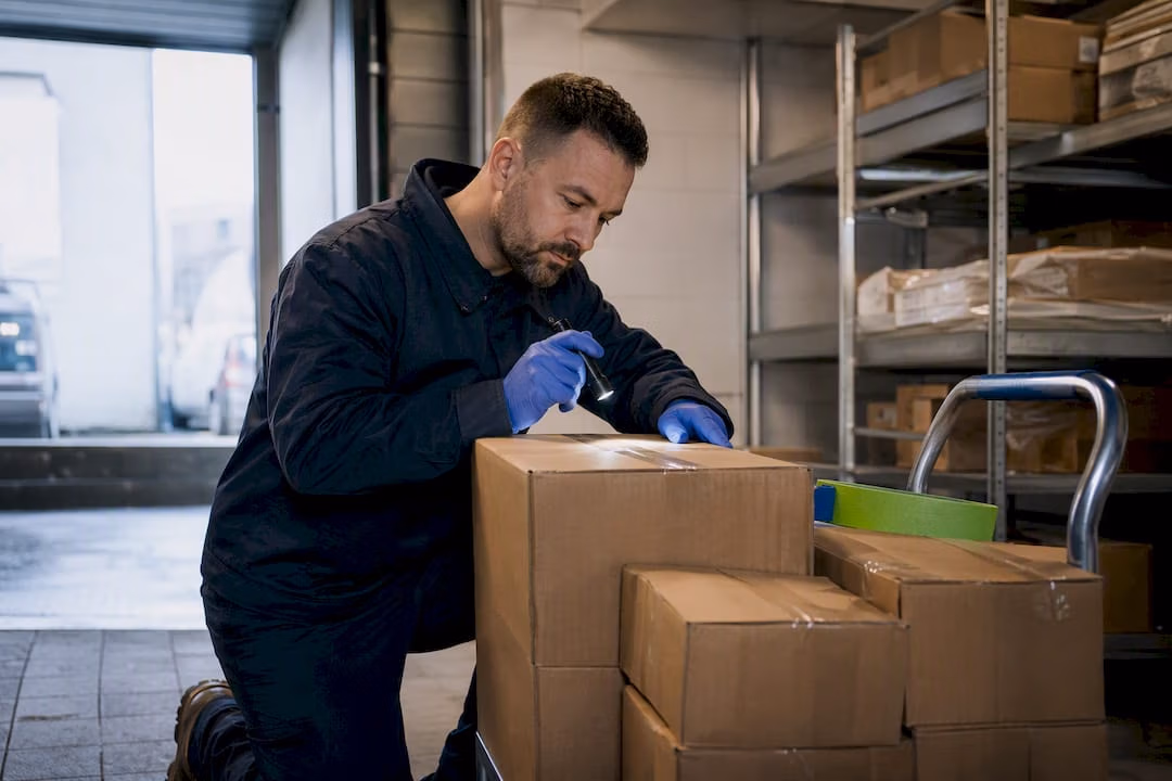 Technician inspecting hotel delivery cartons