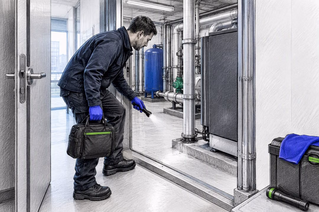 Technician accessing commercial plant room